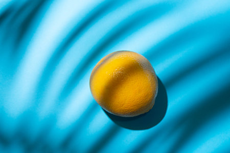 Summer tropical fruit concept with fresh orange and palm leaf shadow on sunny blue background.