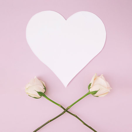 White heart shape greeting card idea with two long stem roses crossed to make X shape on pastel pink backgroundの写真素材