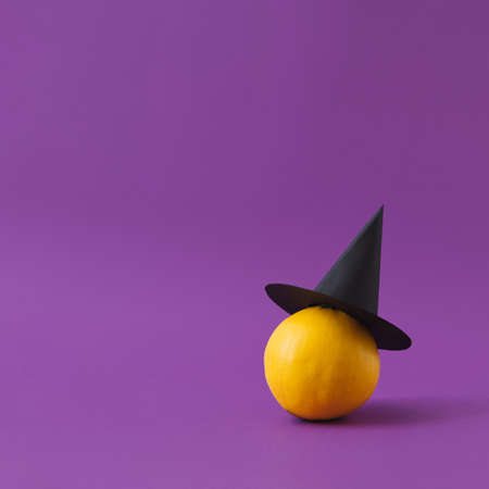 Small squash pumpkin with witch's hat on purple background. Cute Halloween concept card.の写真素材