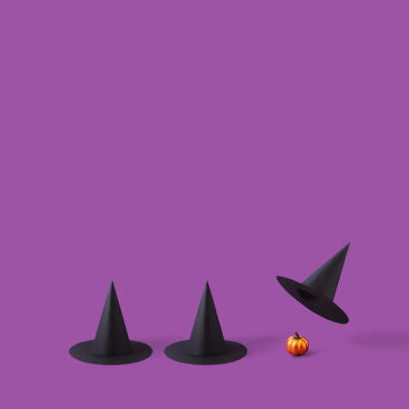 Witch hats playing gambling game to reveal shiny orange pumpkin. Fun Halloween concept.の写真素材