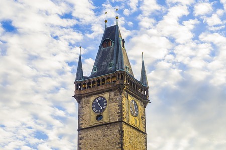 Prague Astronomical Clock. Clock tower. Against the background of beautiful clouds.の写真素材