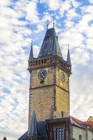Prague Astronomical Clock. Clock tower. Against the background of beautiful clouds.の写真素材