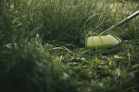 Gasoline trimmer head on green grass. Round trimmer blade.の写真素材
