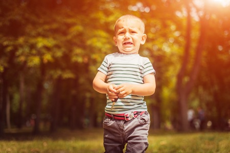 A little boy walks in the park in the summer. Baby criesの写真素材