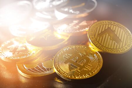 Bitcoin on a dark background. Economic crisis.