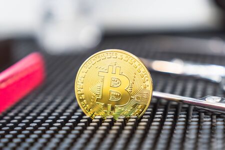 Payment for cryptocurrency services. Bitcoin is the future currency.の写真素材