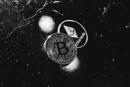 Bitcoin on a dark background. Cryptocurrency is the currency of the future.の写真素材
