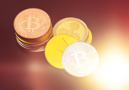 Bitcoin on a dark background. Economic crisis. Cryptocurrency trading.の写真素材