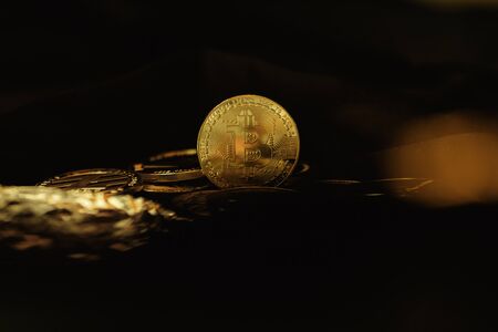Bitcoin coins on a black background. Currency of the future.の写真素材