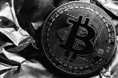 Bitcoin halving. Cryptocurrency on silver background. Macro photoの写真素材