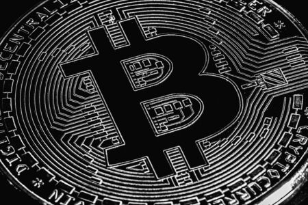 Bitcoin on black background. Cryptocurrency trading. Bitcoin halving.の写真素材