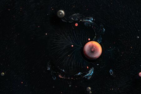 Contrast macro abstraction of bubbles in water. Space macro photo. Amazing creative photo.の写真素材