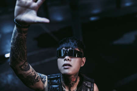 The decline of humanity. The man reaches for the light. Cyberpunk.