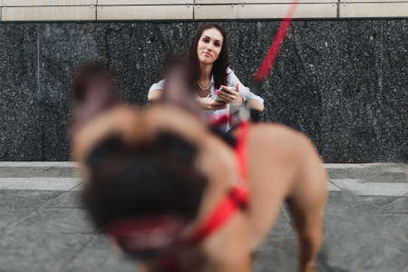 Woman uses the phone while sitting on the ground.の写真素材