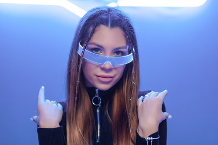 New technologies in glasses. Cyberpunk woman portrait.
