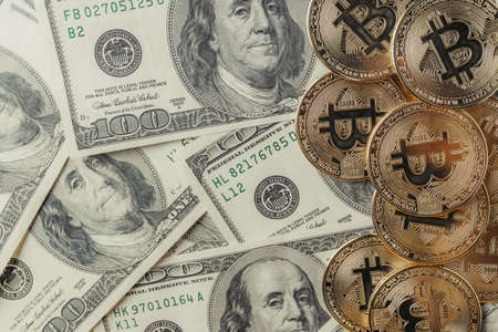Currency dollar and online currency bitcoin.の写真素材