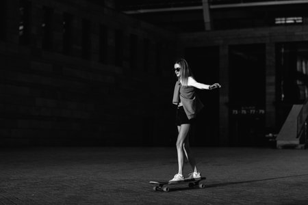 Contrasting black and white portrait of a woman with a skate in his hands.