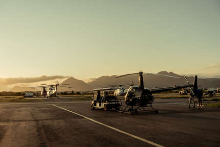 Transportation of the helicopter to the runway from the hangar.の写真素材
