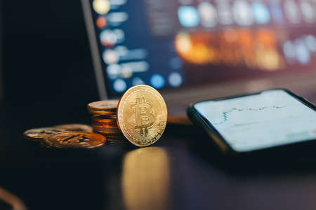 Bitcoin trading. Cryptocurrency metal coins.の写真素材