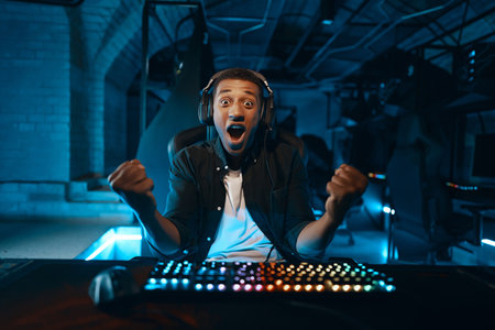 Victory in the cyber game. Portrait of a man who won.の写真素材