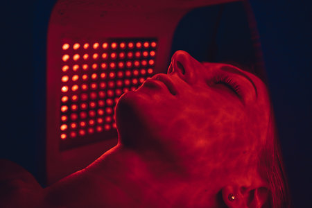 LED red light is treating the facial skin of a young woman.の写真素材