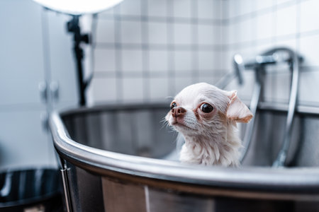 White chihuahua in the bathroom.の写真素材