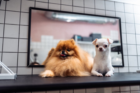 Two friends of a spitz and a chihuahua after washing in a grooming salon. Canine friendship.
