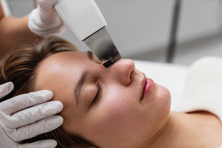 Ultrasonic cleaning of the skin. Close-up photo, macro.
