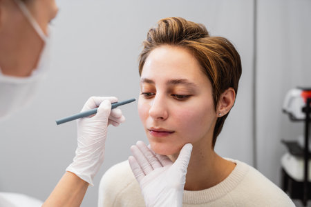 A young woman consults a beautician about her face.の写真素材