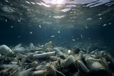 The ocean floor is littered with a carpet of plastic bottles, a silent underwater wasteland of human neglectの素材