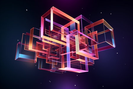 A visually arresting three-dimensional structure of interlocking geometric shapes glowing with neon colors against a dark background.の素材