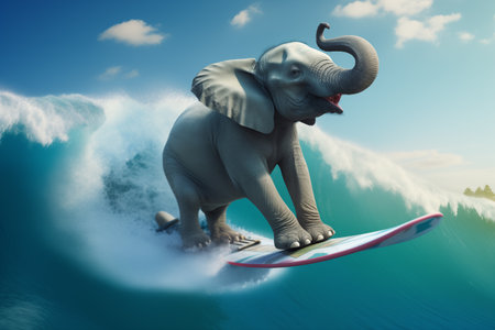 A whimsical digital artwork depicting a large elephant balancing on a surfboard, riding a wave with a bright blue sky in the background.の素材