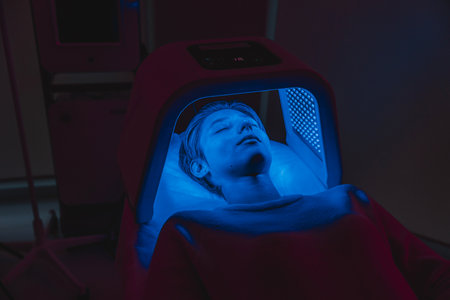 Treatment of womens facial skin using LED light in a beauty salon.