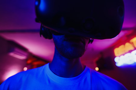 The player plays the game using virtual reality. Neon style.の写真素材