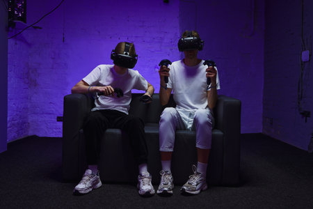 The player plays the game using virtual reality. Neon style.の写真素材