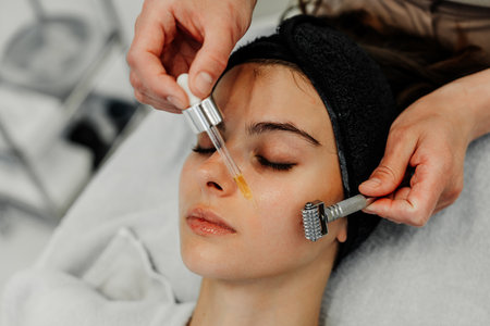 Facial treatment session featuring serums and microneedling at a spa in late afternoon light