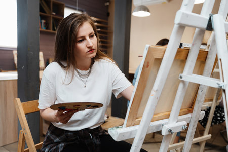 Young artist painting on easel in a creative studio during afternoon sessionの写真素材
