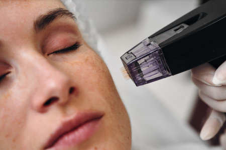 Woman receiving facial treatment with a microneedling device in clinicの写真素材