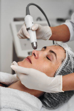 Woman receiving a facial treatment with a handheld device in a spaの写真素材