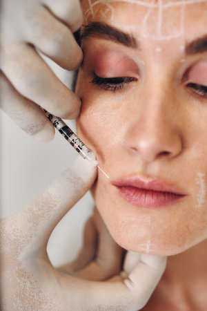 Woman receiving dermal filler treatment in a clinical setting during daytimeの写真素材