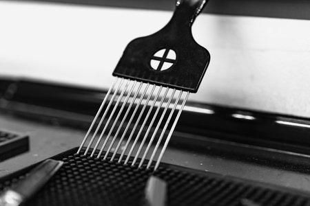 Black comb resting on a barber table in a modern grooming salonの写真素材