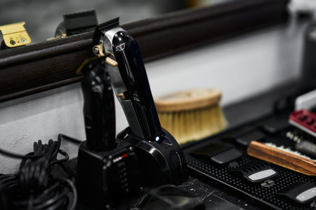 Tools for haircutting and grooming displayed at a barber shop stationの写真素材