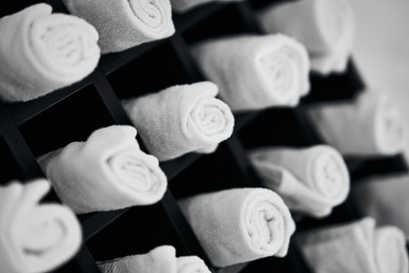 Neatly rolled towels arranged in a decorative display in a spa environmentの写真素材