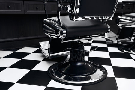 Stylish black and white decor in a modern barbershop interiorの写真素材