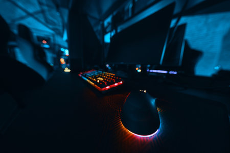Computer setup featuring a colorful keyboard and mouse in a dimly lit room