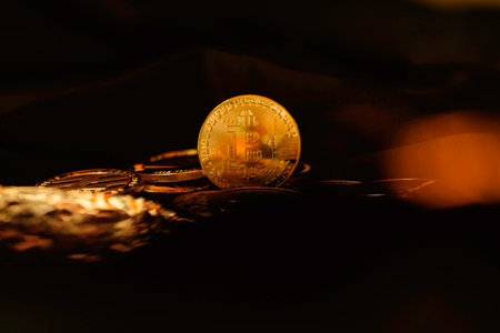 Bitcoin coins on a black background. Currency of the future.の写真素材