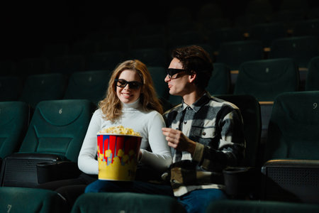 Couple enjoys popcorn while watching a movie in a dark theaterの写真素材