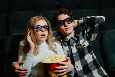 Young couple enjoying a thrilling movie while sharing a large popcornの写真素材