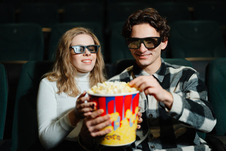 Couple enjoys a movie together with popcorn and 3D glasses in cinema