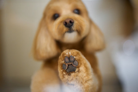 Cute dog showing paw inside cozy indoor setting with soft lighting